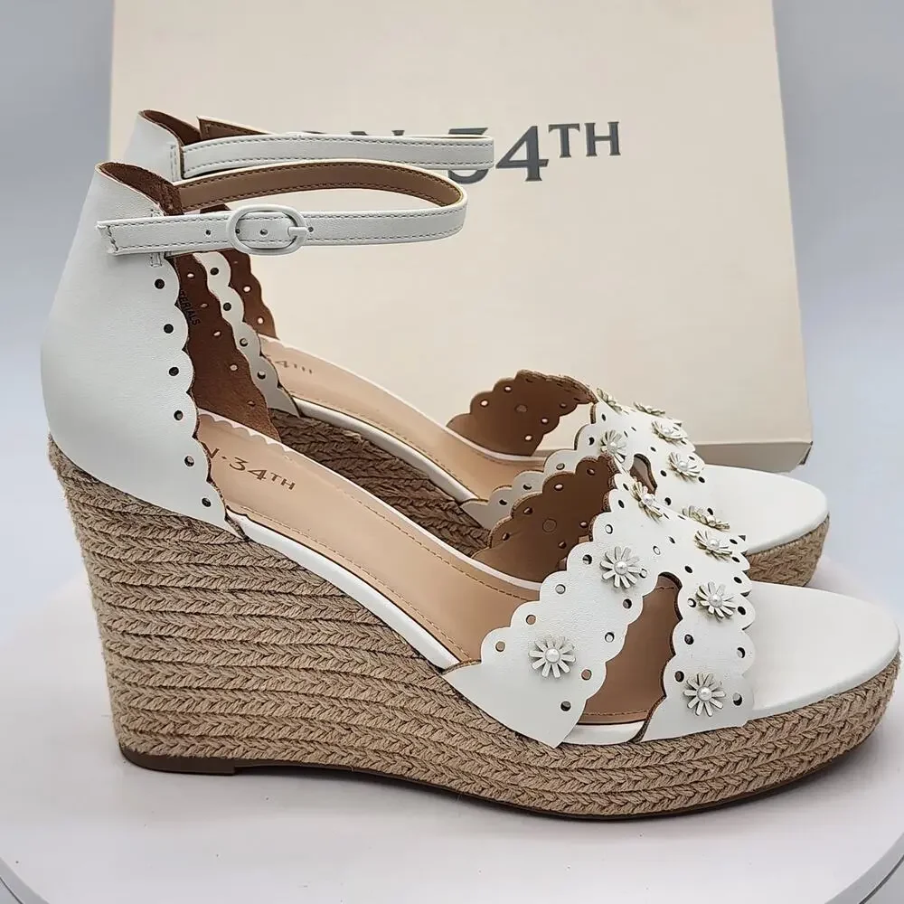NEW - On 34th Theodore EP White Linen Floral Espadrille Wedge Sandals Size 8.5 M